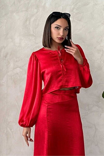 VERYMODA Kraşlı Satin Front-Tie Blouse - Red |   F1916
