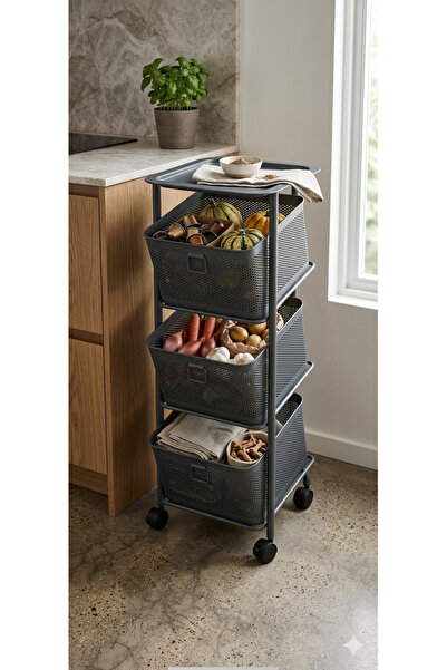 Yıldıray Metal ANTRASİT 3 KATLI SEBZELİK BÜYÜK BOY TEKERLEKLİ