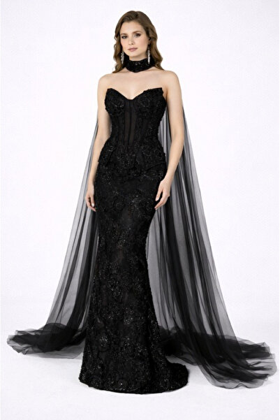 ALİN KORSAJ VE İŞLEME DETAYLI BALIK KESİM YAKA İLAVELİ UZUN ŞIK ELBİSE