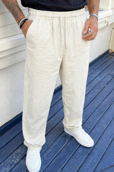 DAMGA JEANS Ανδρικό λινό παντελόνι με ψηλή μέση και ελαστική λάστιχα στην κορ...