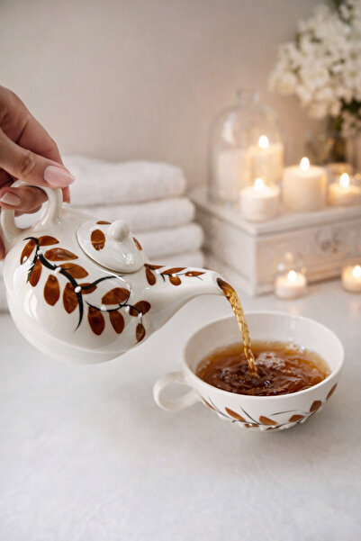 Yerel Üretici 🍂 Kahverengi Yaprak Desenli Seramik Çaydanlık ve Fincan Takımı