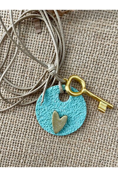 zeinapp Handmade ceramic porcelain necklace with heart and key design, gold l...