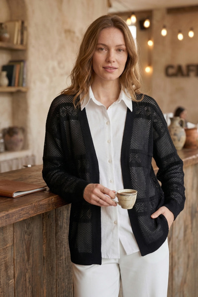 FERHEL Women's Openwork Knitwear Cardigan - Black