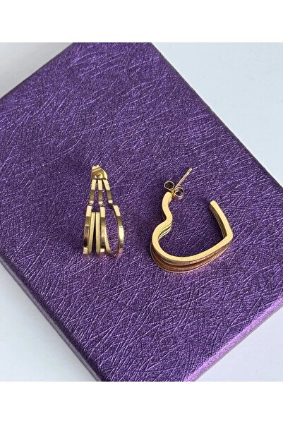 Haziran Accessory Triple Heart Form, Steel Gold Women's Earrings