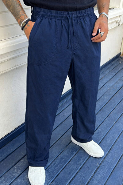 DAMGA JEANS Men's High Waist Elastic Navy Blue Linen Trousers