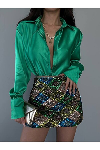 Lyuba Kadın Yeşil Oversize Saten Gömlek