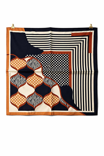 AGAPI Geometric Patterned Satin Scarf 50X50 cm – Navy Blue Orange Silky Women...