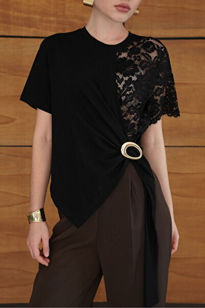 Caddebostan Moda Γυναικείο μπλουζάκι με δαντέλα, ασύμμετρη κοπή και σχέδιο V ...