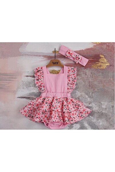 Miniworld Baby Rochita fetite tip salopeta cu body, volane si bentita, imprim...