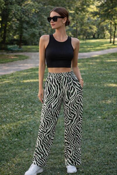 SYMPATHY Kadın Zebra Desenli Viskon Beli Lastikli Yazlık Pantolon