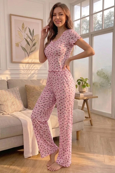 BELLA NOTTE طقم بيجامة صيفي بأكمام قصيرة مزين بتفاصيل فيونكة وكشكشة