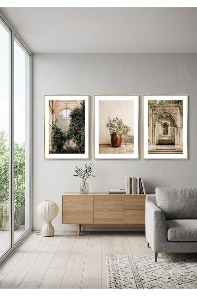 Linacci Gold Metal Framed 3-Piece Botanical and Architectural Themed Living R...