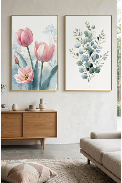 Linacci Gold Framed Set of 2 Pink Tulip and Eucalyptus Leaf Modern Wall Decor...
