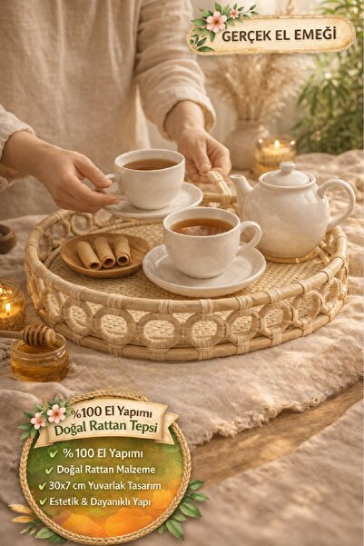 Open Home Concept Handmade Natural Rattan Tray Round Presentation Coffee Serv...