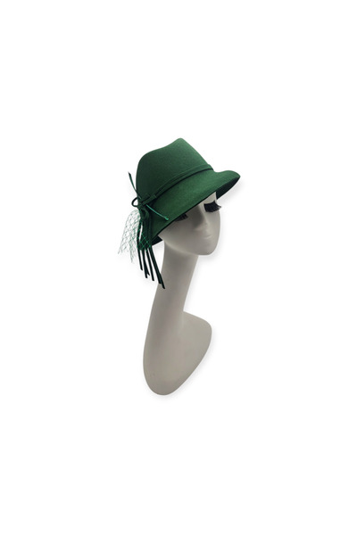 Miss Hat Green Wool Felt Fedora Hat with Feather and Veil
