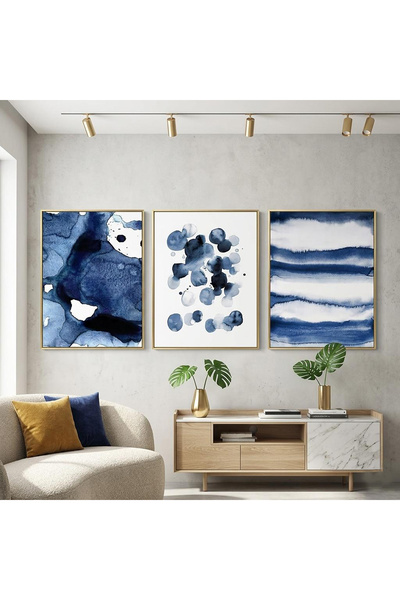 Linacci Gold Framed 3-Piece Painting Set with Blue Watercolor Effect Abstract...