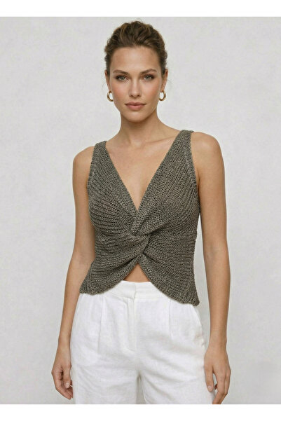 Neden Tekstil Twist Knot Detailed Premium Women's Knitwear Blouse – V-Neck Kn...