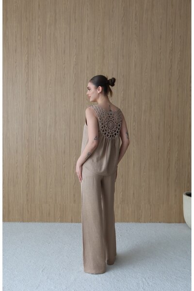 LOKADI Women's Lace Embroidered Backless Blouse and Wide-Leg Pants Set - Line...