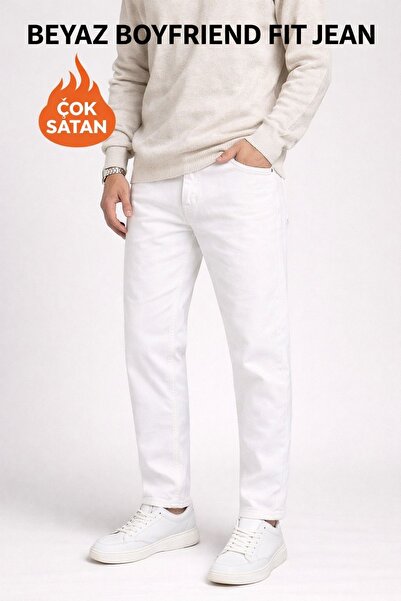 oraystore بنطلون جينز أبيض للرجال بقصة بوي فريند