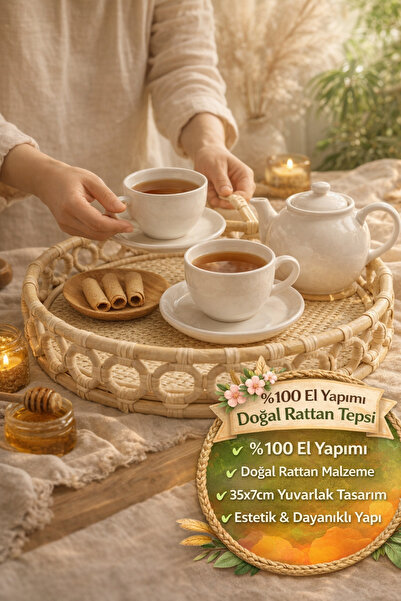 Open Home Concept Handmade Natural Rattan Tray Round Presentation Coffee Serv...