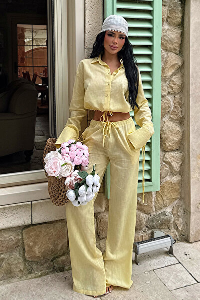 Eyyo Yellow Tinga Tie-Dye Detailed Linen Shirt and Trousers Set Ate-4899