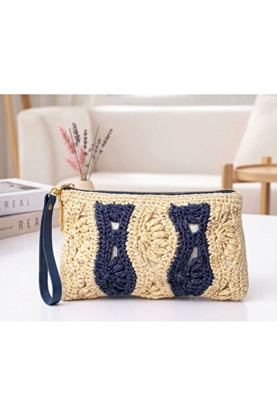ALMERTİCARET El Yapımı Hasır Lacivert Detaylı Clutch Çanta – Fermuarlı El Çan...