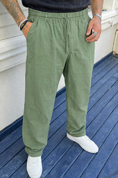 DAMGA JEANS Ανδρικό παντελόνι από πράσινο λινό με ελαστική μέση και ψηλόμεσο ...