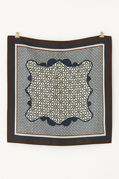 AGAPI Brown Navy Blue Patterned Satin Scarf 50X50 cm – Silky Soft Stylish Ban...