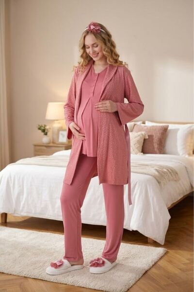 LOHOUSE Women's Jacquard Shawl Collar Lace 3-Piece Maternity Pajama Set with ...