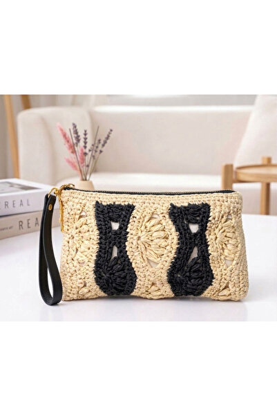 ALMERTİCARET El Yapımı Hasır Siyah Detaylı Clutch Çanta – Fermuarlı El Çantas...