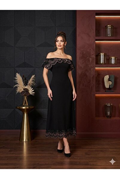 TOP BERLANTY فستان "سهرة كلاسيك" أسود بتطريز ورد بارز - أناقة ملكية