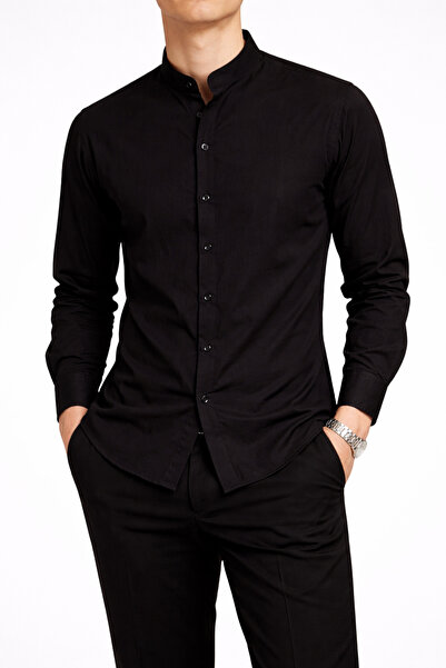 vulgariromania Men's Elegant Black Shirt – Tunic Collar Casual Modern - S