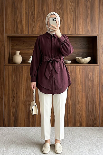 MODAQU Self-Tie Belted Buttoned Poplin Tunic - Plum