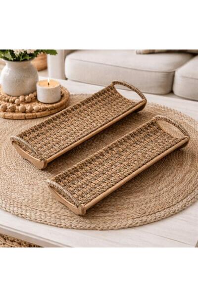 SPR Wood and Rattan Serving Tray صينية تقديم خشب وخوص