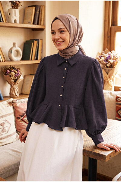 MODAQU Stone Button Detailed Flounce Modal Shirt Blouse - Plum