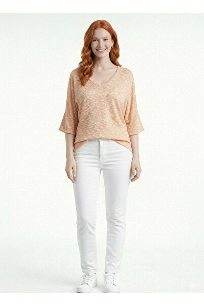 Neden Tekstil V-Neck Half Sleeve Women's Blouse with Knitwear Detail