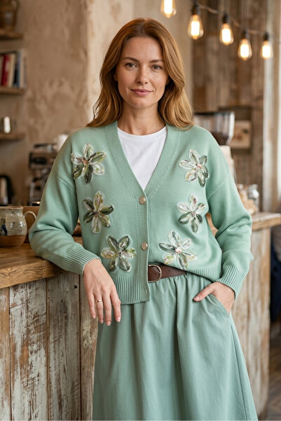 FERHEL Women's Front Sequined Floral Detailed Knitwear Midi Cardigan - Water ...