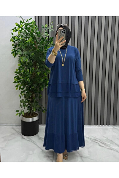 DEFNECE BUTİK Chiffon Detailed Skirt Suit - Navy Blue