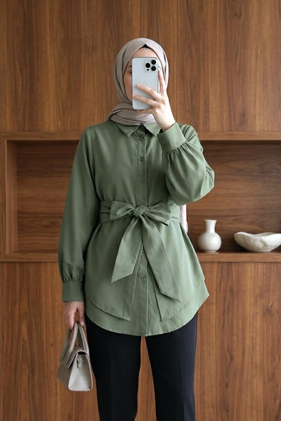 MODAQU Self-Tied Belted Buttoned Poplin Tunic - Khaki