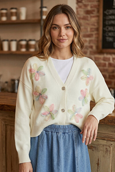 FERHEL Women's Front Sequined Floral Detailed Knitwear Midi Cardigan - Ecru