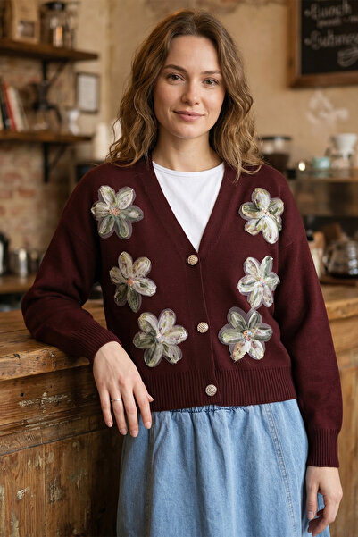 FERHEL Women's Front Sequined Floral Detailed Knitwear Midi Cardigan - Burgundy