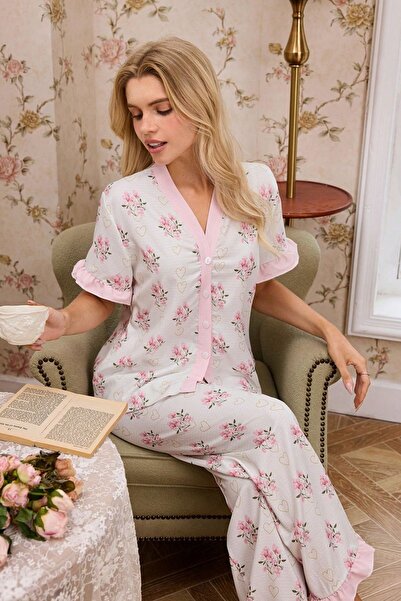 BELLA NOTTE Pink Floral & Heart Pattern V-Neck Buttoned Short Sleeve Pajama Set