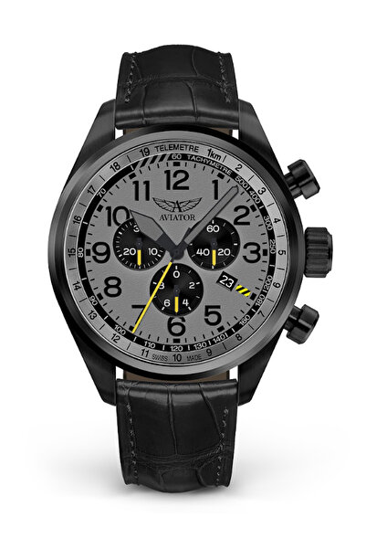 AVIATOR V.2.25.5.174.4 ساعة يد رجالية بحزام جلدي أسود 45 ملم زجاج ياقوتي مقاو...