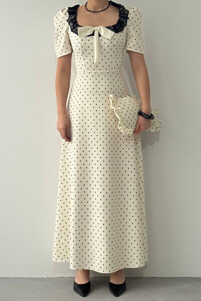LOKADI Women's Polka Dot Atlas Fabric Lace Collar Retro Long Dress