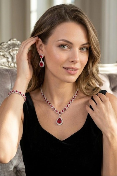 shopidik Royal Series Red Zircon Stone Drop Model Waterway Necklace Earrings ...