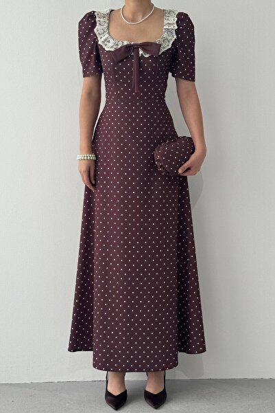 LOKADI Women's Polka Dot Atlas Fabric Lace Collar Retro Long Dress
