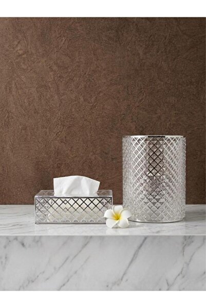 Noor طقم سله وعلبة منديل بنقشه هندسيه لون فضي