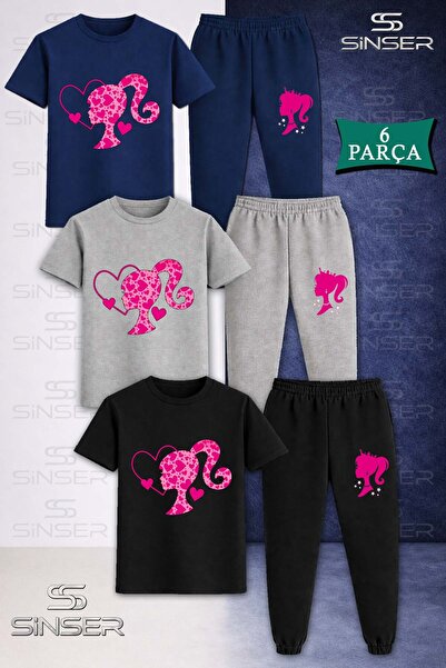 SS SİNSER Children's Unisex Princess Head Heart Patterned 3-Piece T-Shirt Tra...