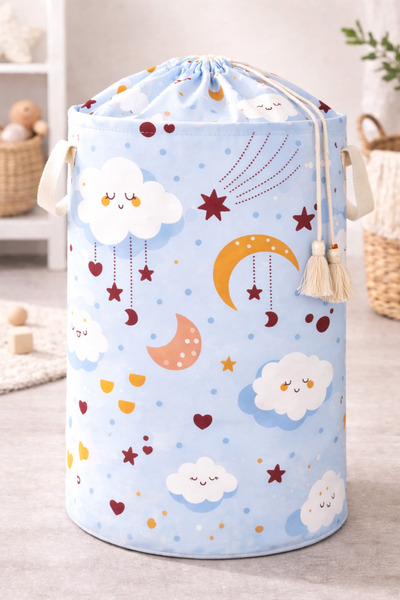 MorPort Premium Bebek Kirli Sepeti Mavi Bulut Desenli | Oyuncak & Çamaşır Sep...