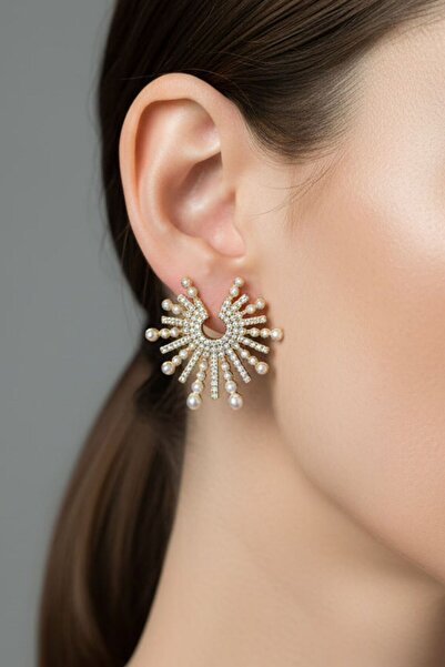 BHR AKSESUAR Gold Zircon Stone Pearl Sun Earrings (3.5 cm)